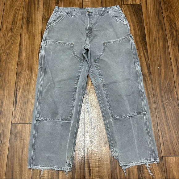 Carhartt Double Knee Distressed Carpenter Pants Mens ACTUAL 34x30 Gray B136 GVL - Picture 1 of 11